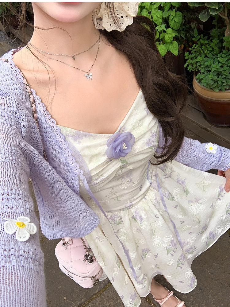 Lavender V-Neck Accents Summer Knit Cardigan Floral