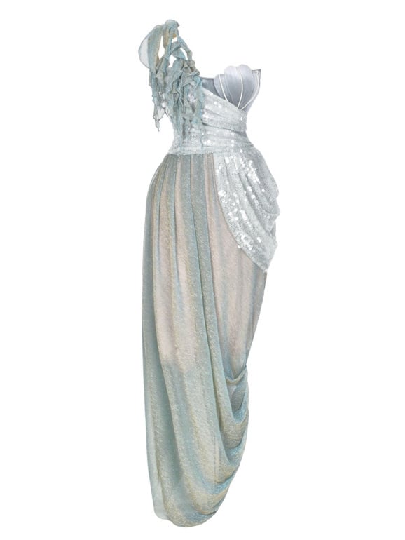Shimmer Siren Asymmetrical Neckline Goth Cascading Ruffles Dress Fairy