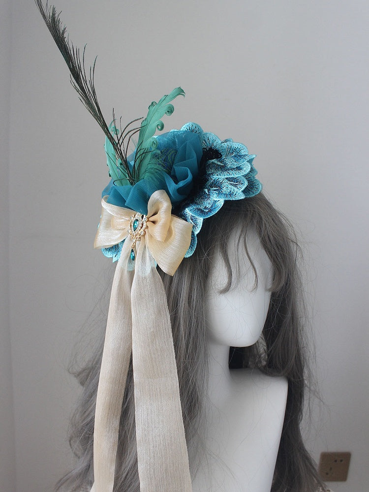 Mini Strass Blau Verziert Bowknot Version Pfau Hut Design Feder Wunderschöne