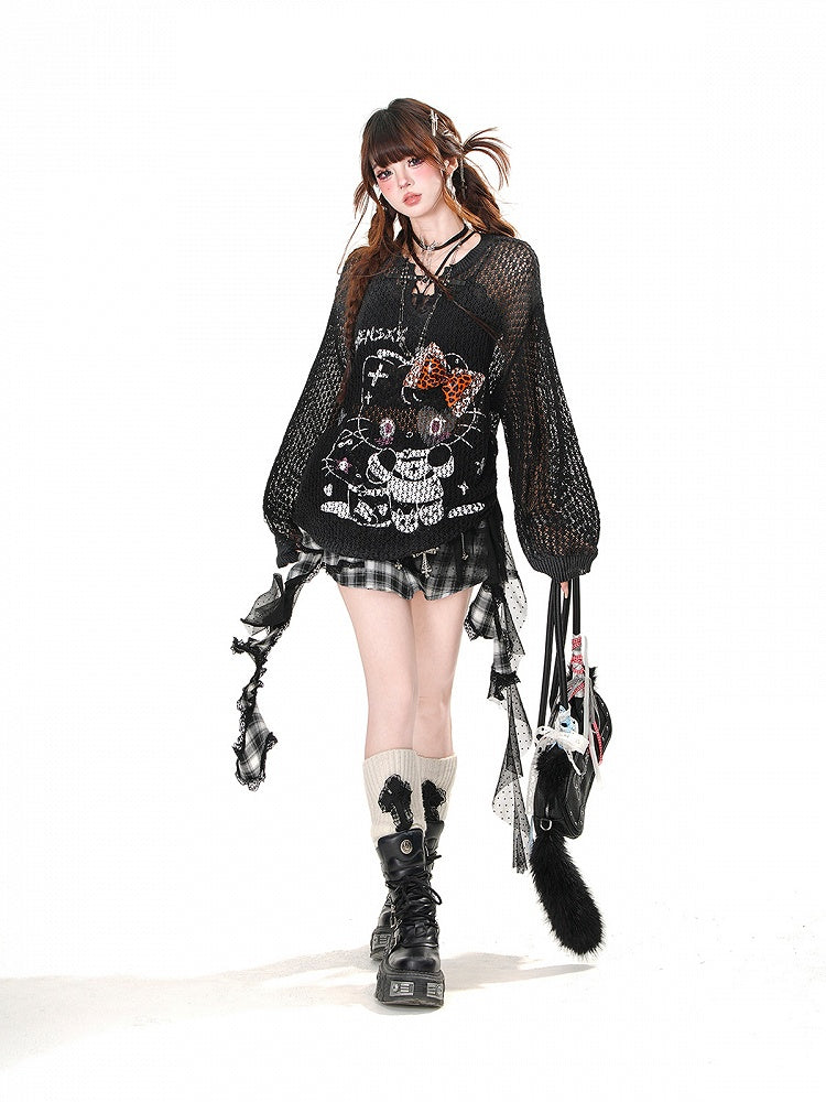 スカート裾は非対称メッシュパッチワークデザイン、ブラックのチェック柄、フリル付き水玉模様