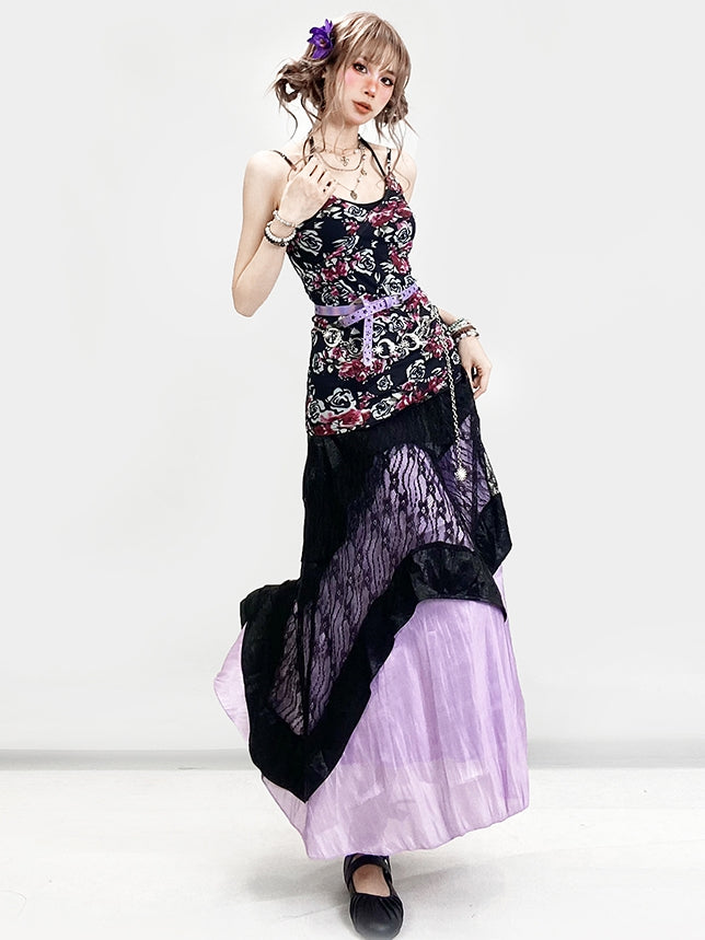 + Floral Top Halter Underskirt Cami Skirt Lace Set- Dress Holiday Neck Black Purple Bittersweet