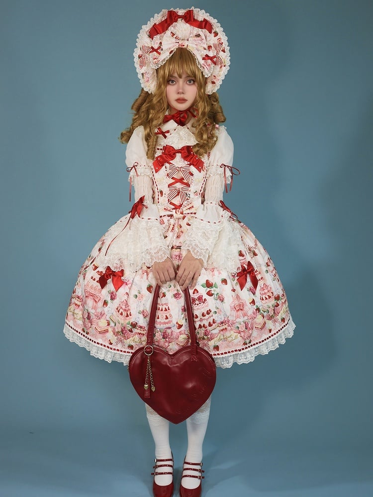Sweet Bow JSK Full Lolita Accents Print / White Desserts and Set Strawberry