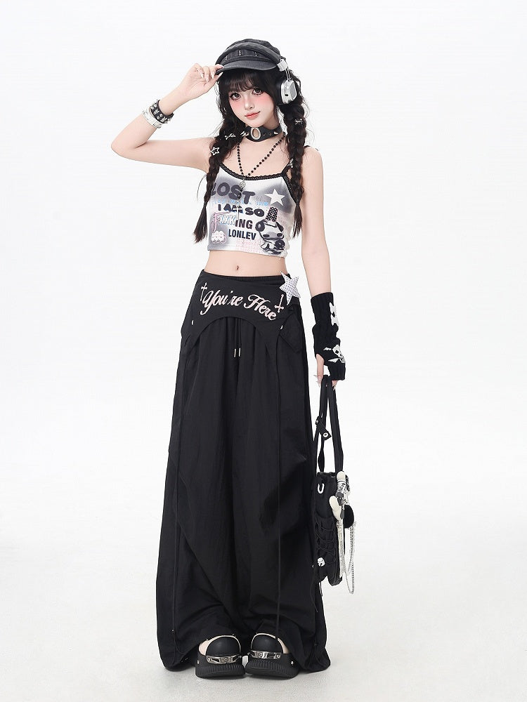 Black Punk Pants Accessory Waist Asymmetrical with Drawstring Waist Wasteland