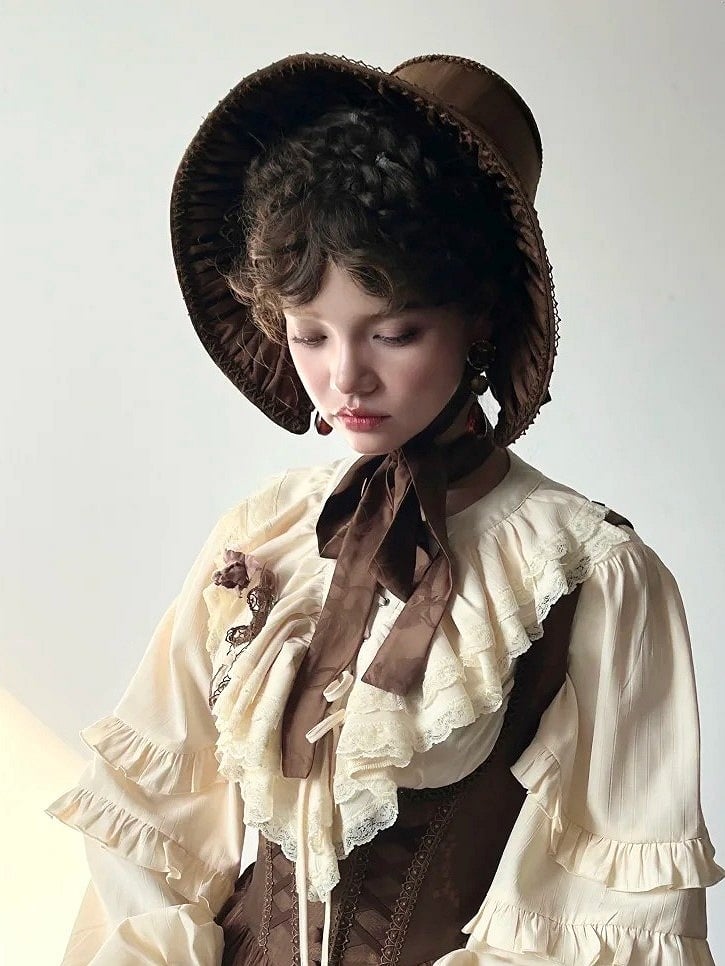 and Bonnet Bow with Trim Wide-Brimmed Lolita Lace Detail Black/Gray/Brown