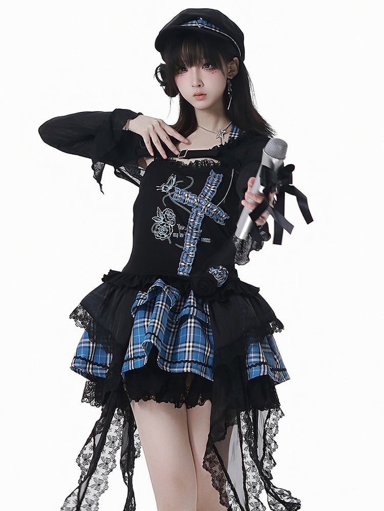 Blue Heart Black Plaid Pattern and Tiered Skirt Buckles Lace Trim Idol