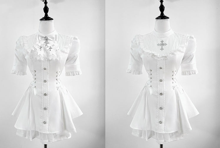 Bow Short Tie Bib Detachable Kei with Dress All-White Jirai Set Sleeve