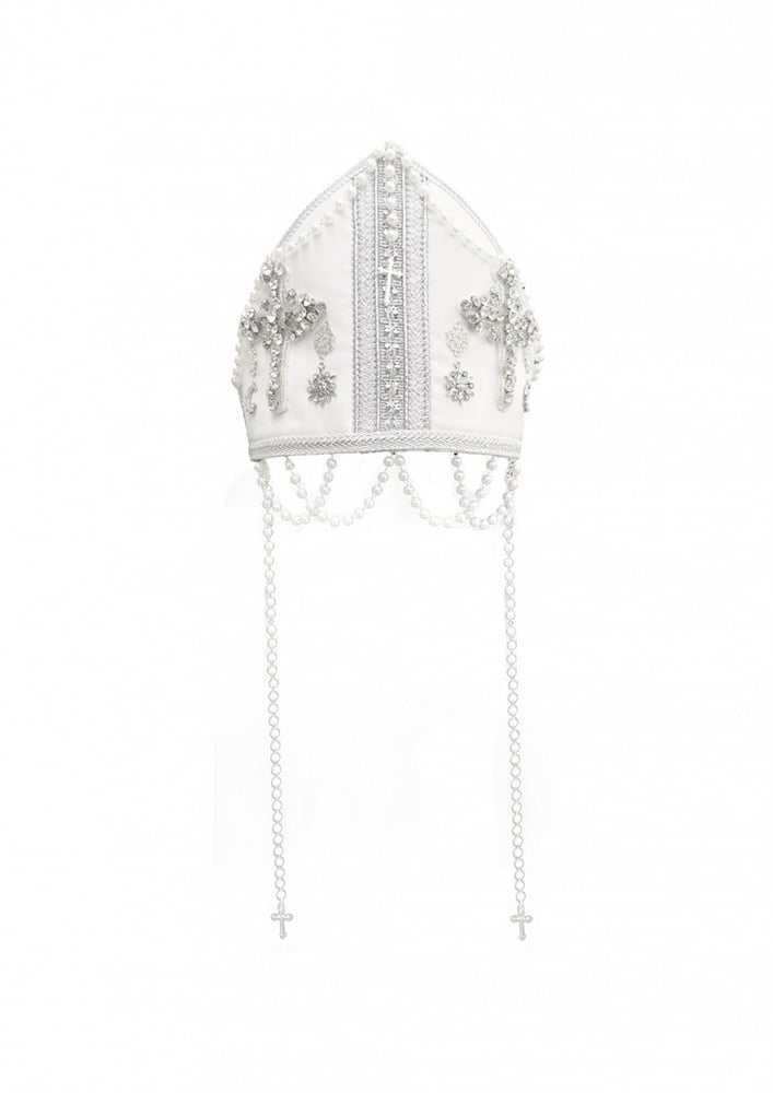 Miter Cross Decorated Beaded Chain White with Papal Bead