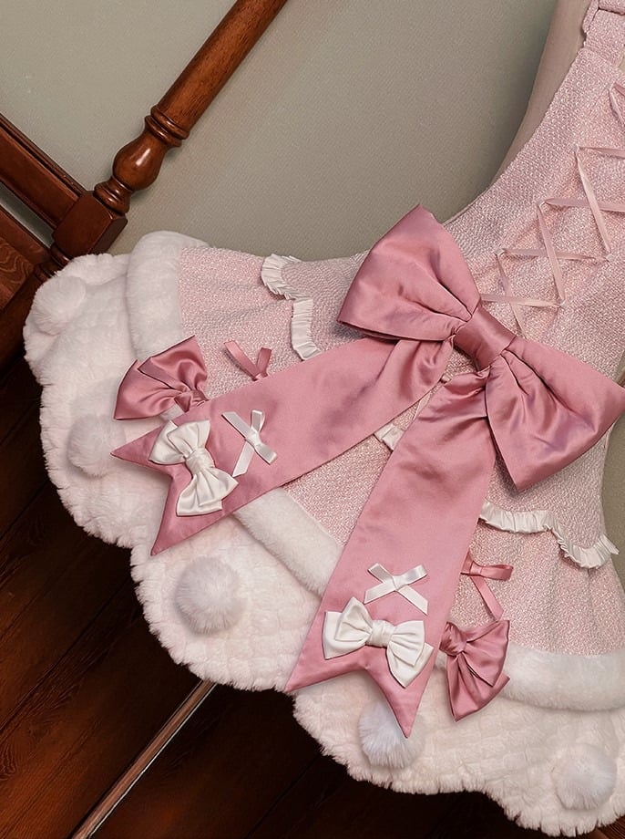 Pom-poms Pink with Lolita Overalls Trim Scalloped Sweet Dress White Bowknots Edge and