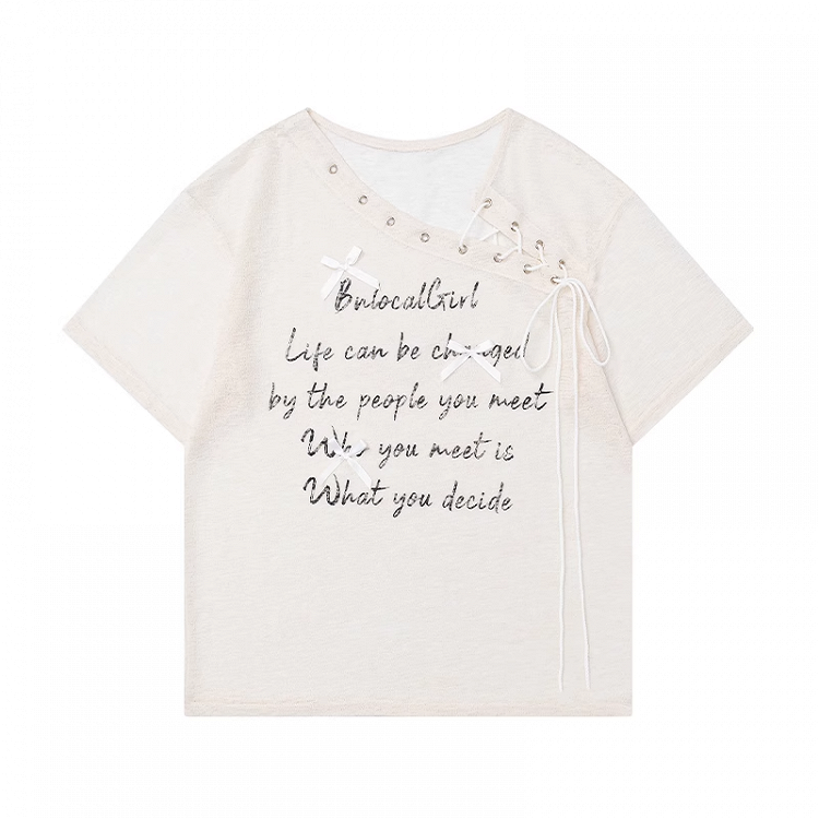 Apricot Lace-up Asymmetrical Neckline Letter Print Semi-sheer