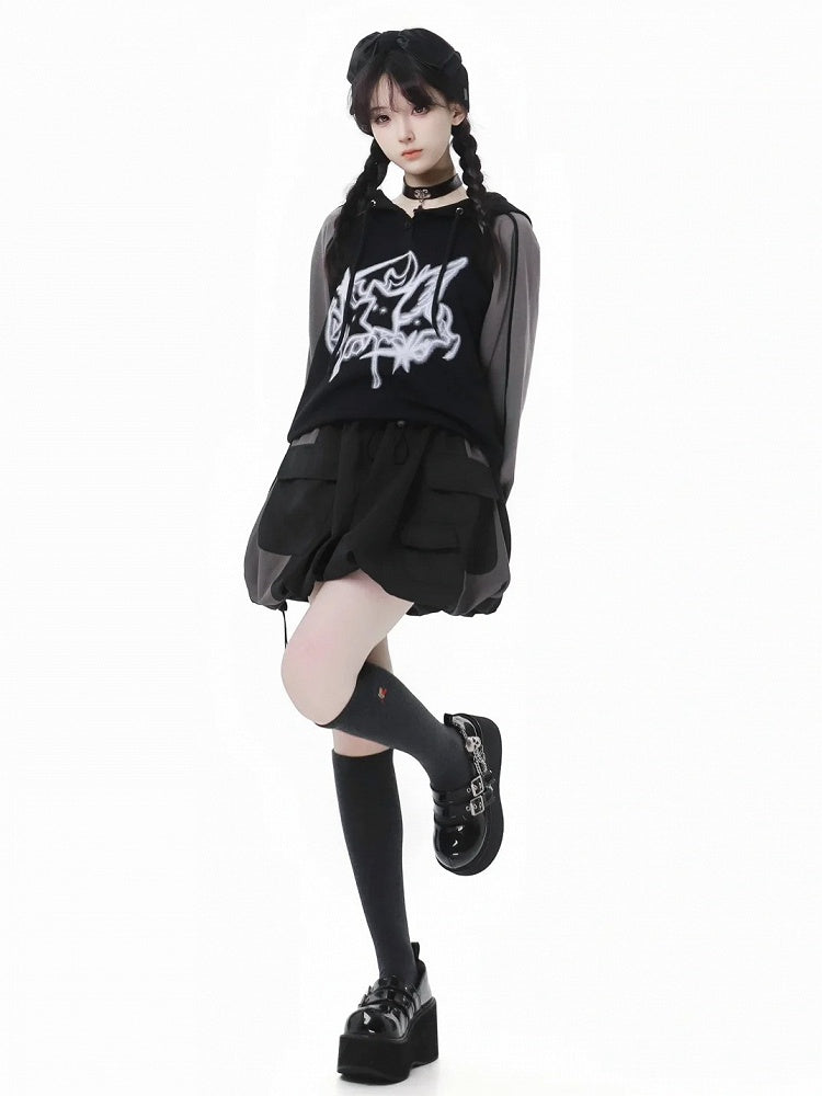 Hoodie Print Gray Colorblock Design and Star Loose Black