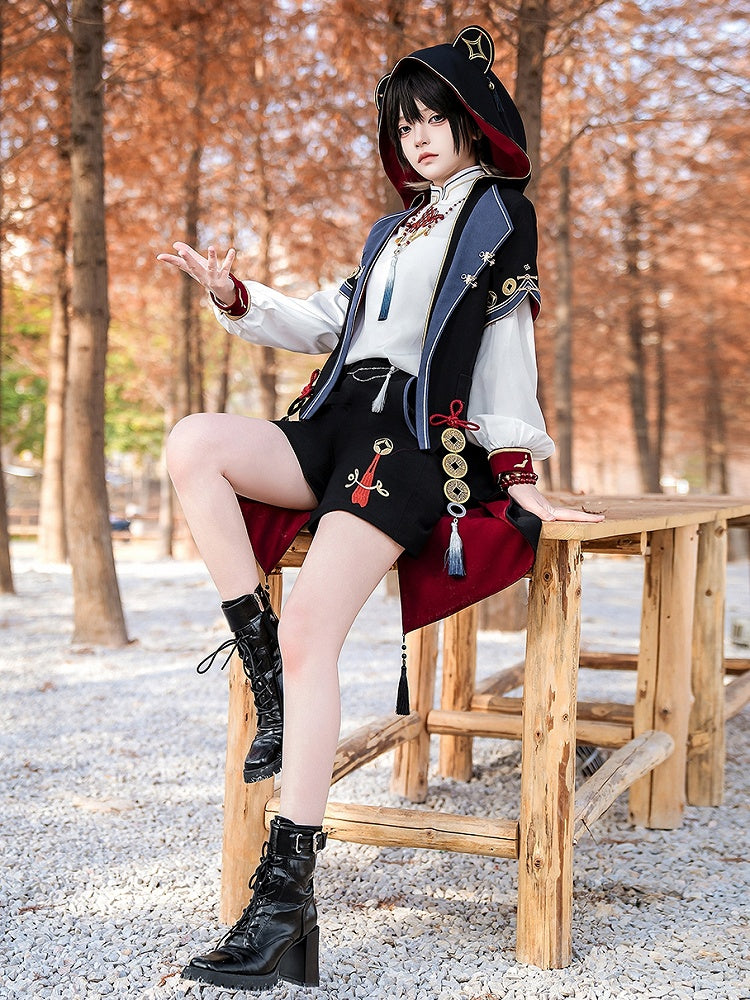 Manteau à capuche en ouji noir avec pièces de cuivre et oreilles de panda