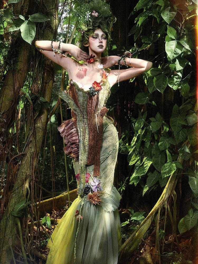 and Branch Corset Brown Forest Green Goth Fairy Asymmetrical Design