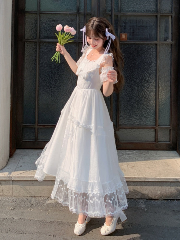 Mesh Overlay Detail with Sweet Dress White Flutter Sleeves Butterfly Neckline
