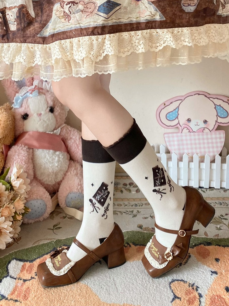 Socks Print Bowknot Lolita Calf White Details Chocolate