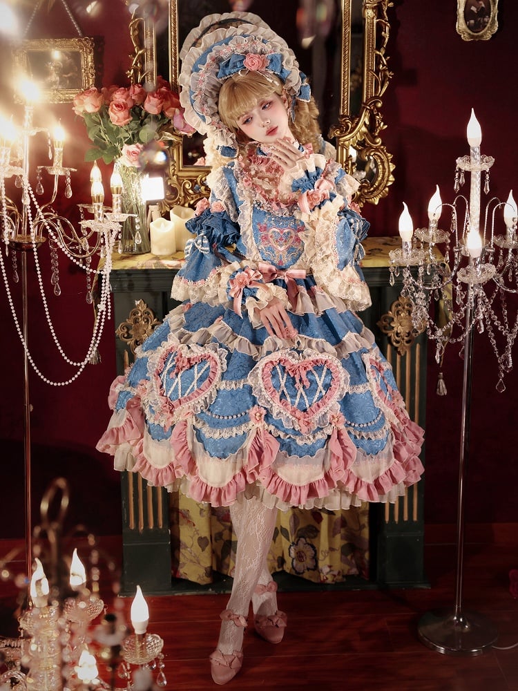 Blue Hanayome Rosette Embroidery Floral and Bead Chain Details Lolita OP Full Set
