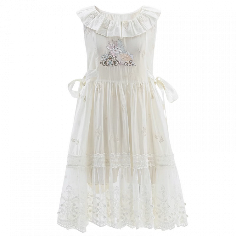 Side Self-tie Fawn Embroidery Chiffon Overdress Neckline with White Semi-Sheer Ruffle Straps