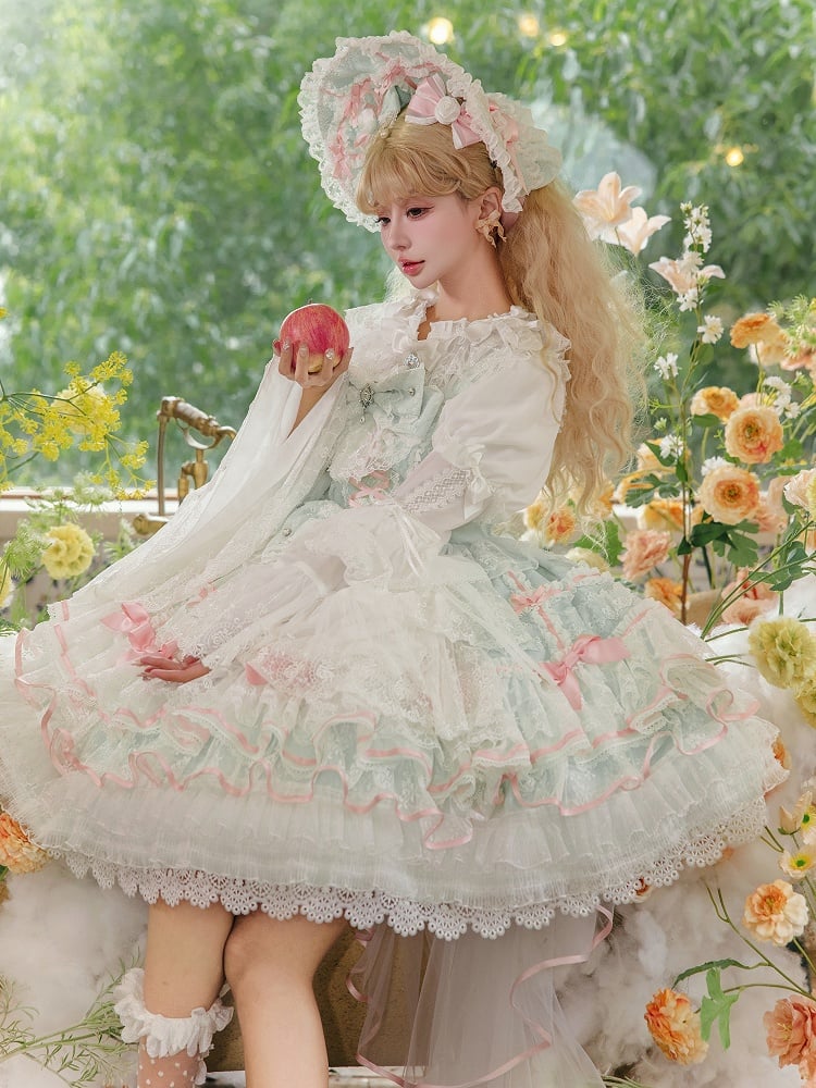 Mintgrüner Hanayome-Lolita-Pulloverrock mit Schleifenverzierung, süßes Hime-Lolita-Pulloverrock-Set