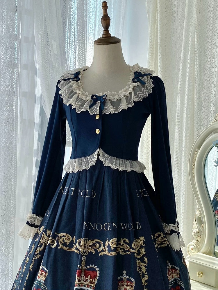 Cropped Trim Fashion Dark Cardigan Bow-Detailed Lolita Blue Lace