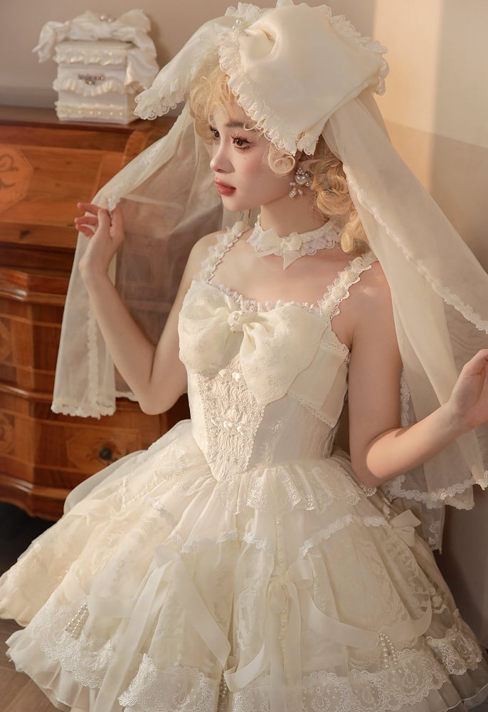 Dress Princess Lolita White Waist on and Ribbon Bows Beads Basque Skirt Creamy