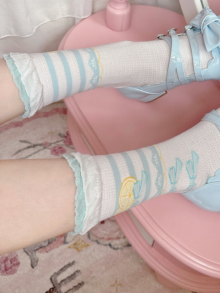 Blue Ruffle Socks Bowknot Print Lolita Lemon Trims Calf Sweet