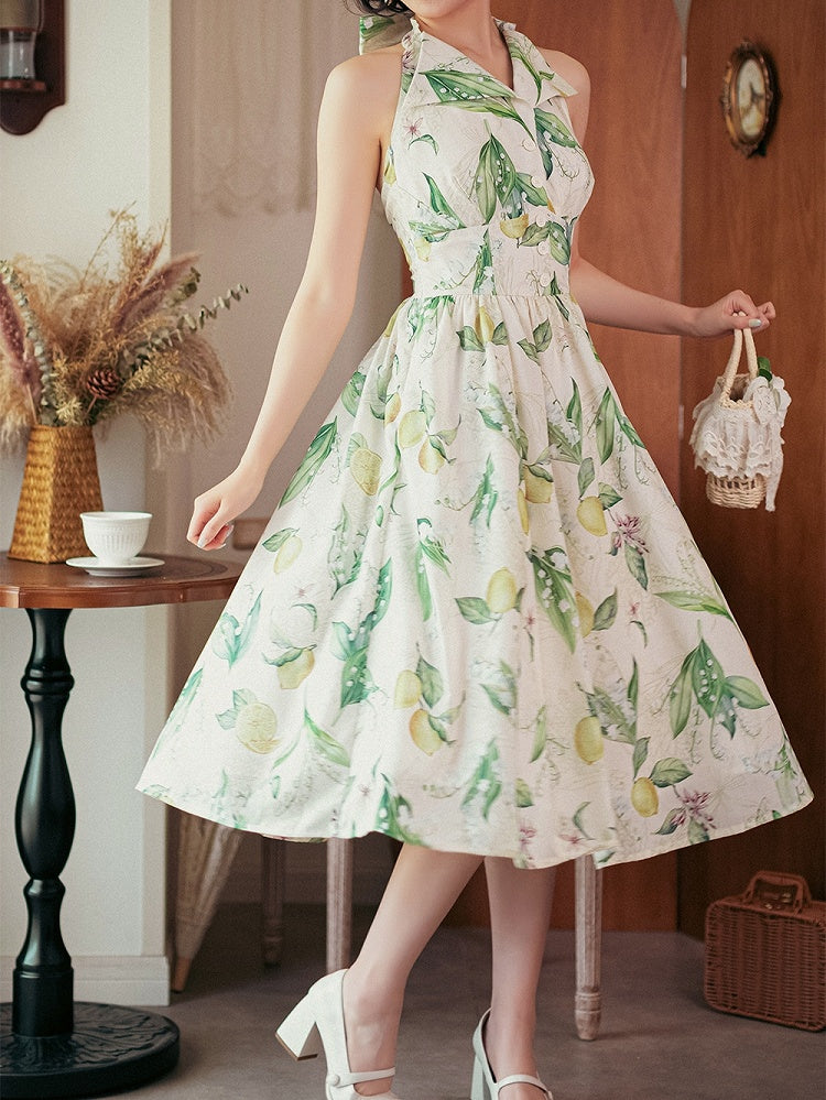 Lemon Neck Print Fashion Halter Bow Big Green Dress Retro Backless Back