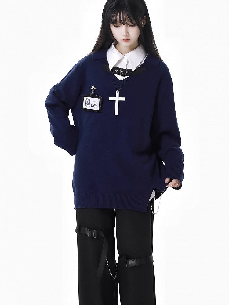Free Holder Navy Blue V-Neck Buckle Card Strap Spring Sweater Necklace