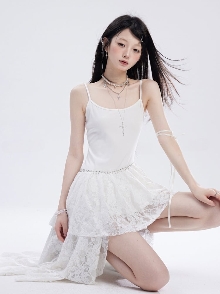 Waist and White Asymmetrical Waistline Lace Hem Slip Dress with Chain Free
