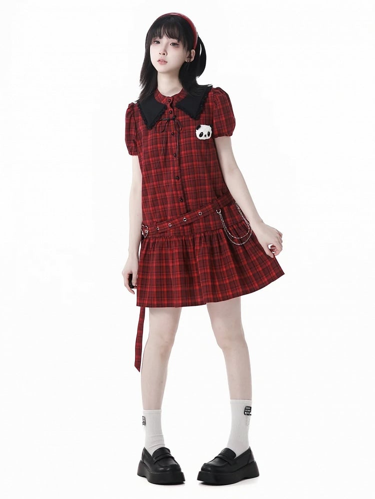 Buckle Plushie and Belt with Panda Red Black Puff Sleeves Plaid Dress