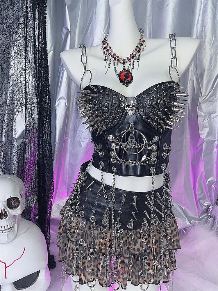 Black Y2K Stud Details PU Punk Top