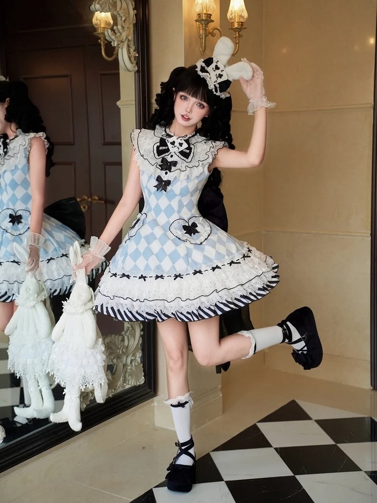 Wunderland Alice Blau Diamant Muster Hasenohren Hut Vibes in