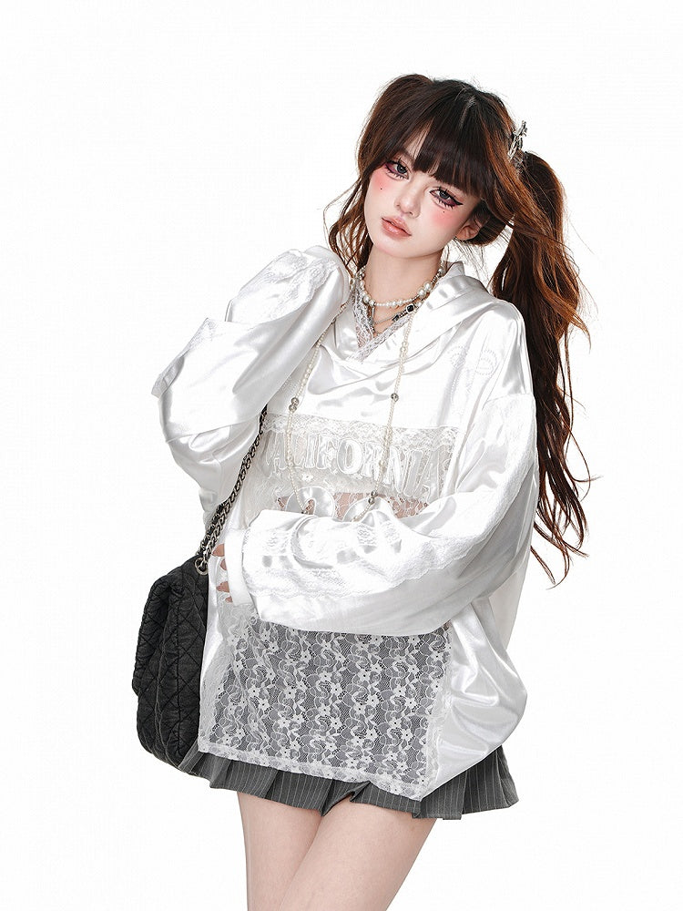 Black/White Bowknot Embroidery Contrast Lace Patches Loose Hoodie