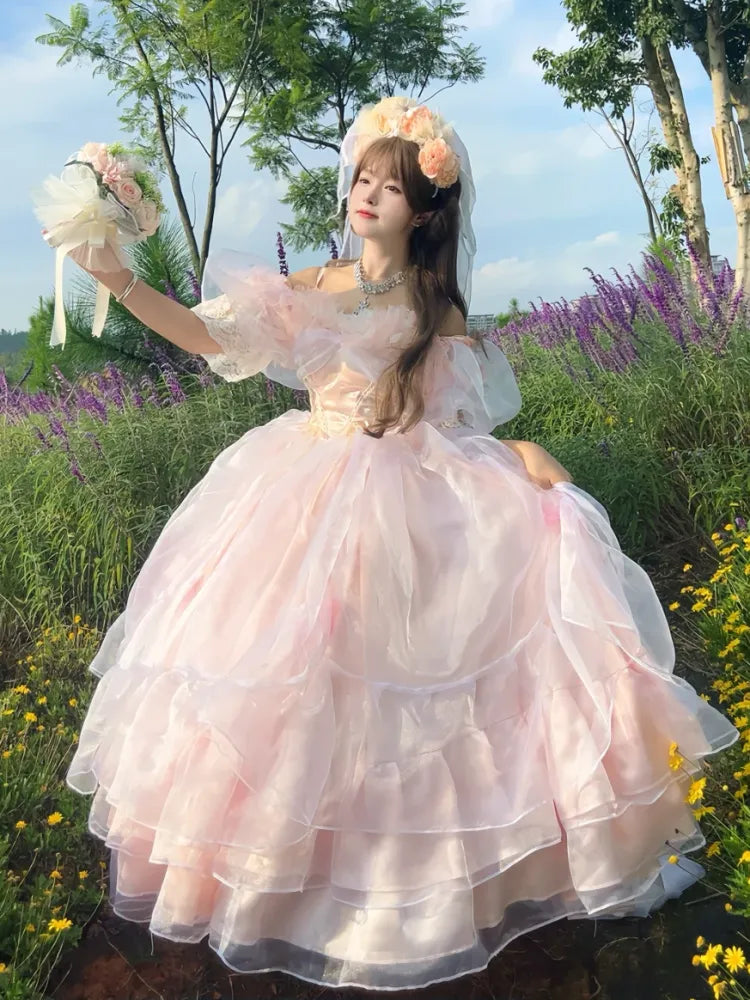 Hanayome Verfügbares rosafarbenes baskisches Taillen-Schnürkleid, wunderschönes Hime-Kleid in Übergrößen