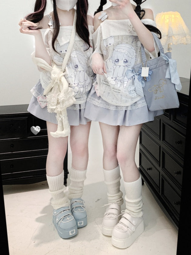 Jirai T-shirt Neckline Kei Kawaii Print Off-the-shoulder White Yami Cartoon