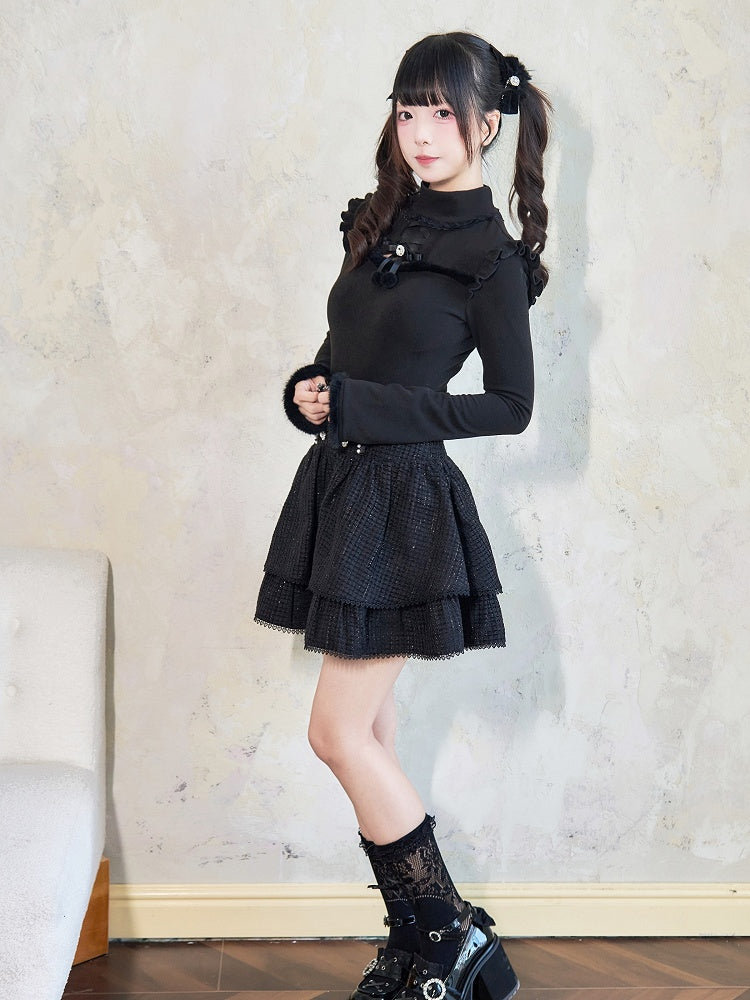 Jirai Kei Plush Trim Cutout Detail Bow Rhinestone Embellished Black Top