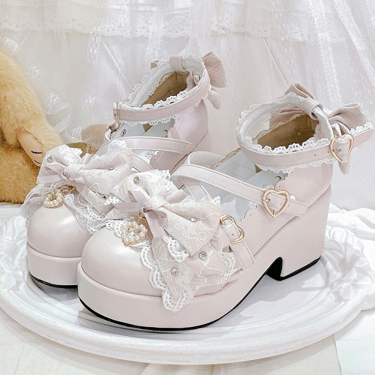Bow Heart High Jirai Pink Schuhe Schnallen Block Design Top Heels Crisscross auf Plattform Kei
