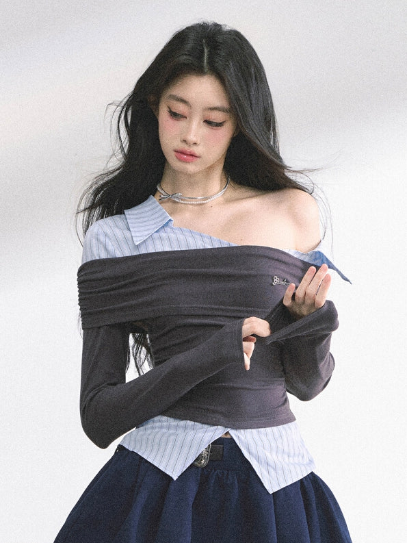 Two-pieces Gray and Blue Stripes Asymmetrical Neckline Faux Top
