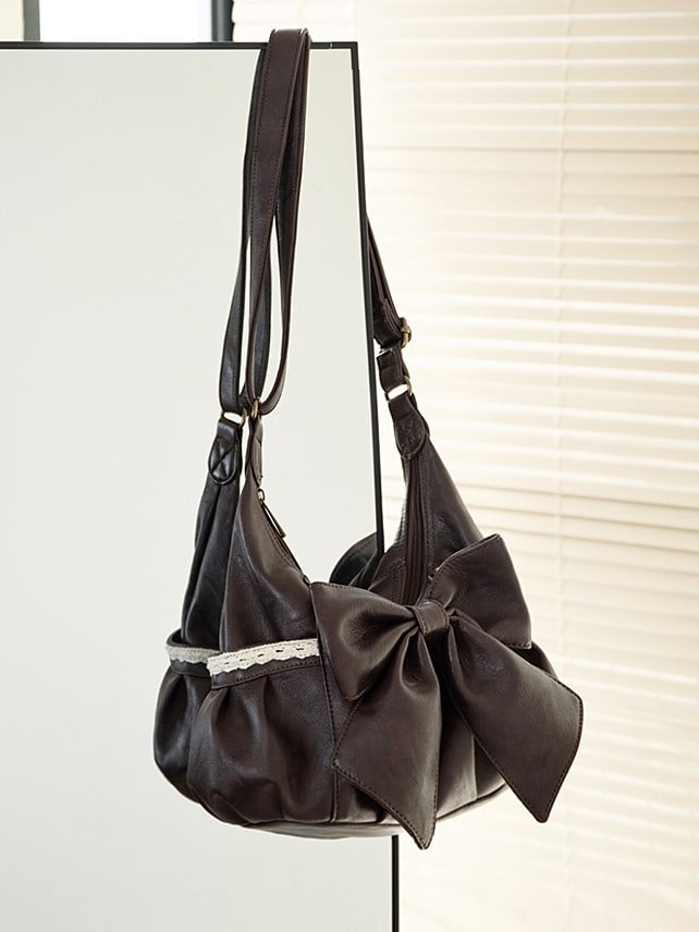 Bow With Oversized Shoulder Detailed Brown Elegant Tote Bag Classic Lace