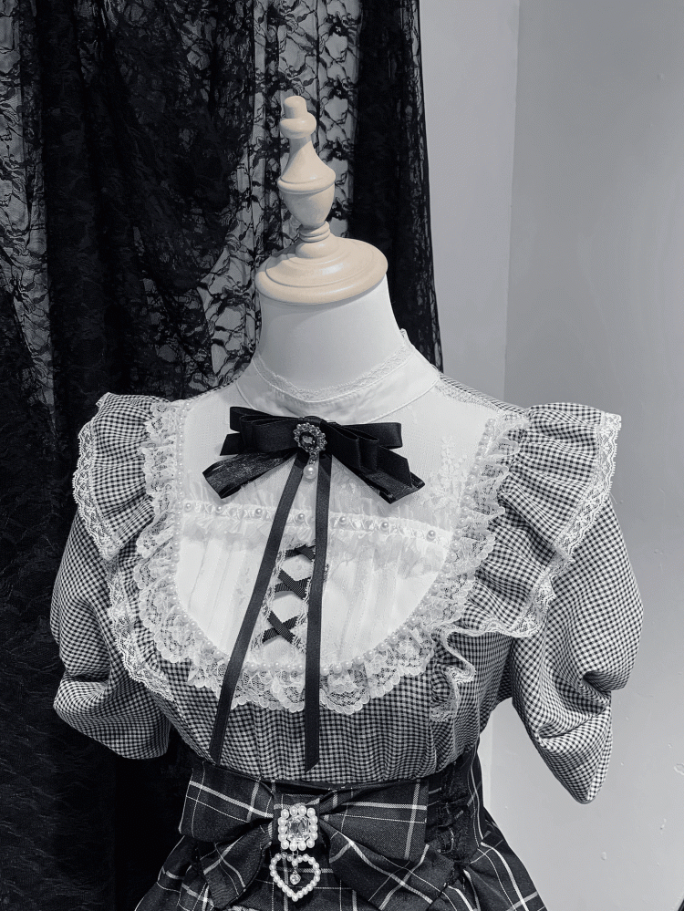 / Lace Trim with Bead Details White Plaid Blouse Jirai Kei Illusion Neckline Black