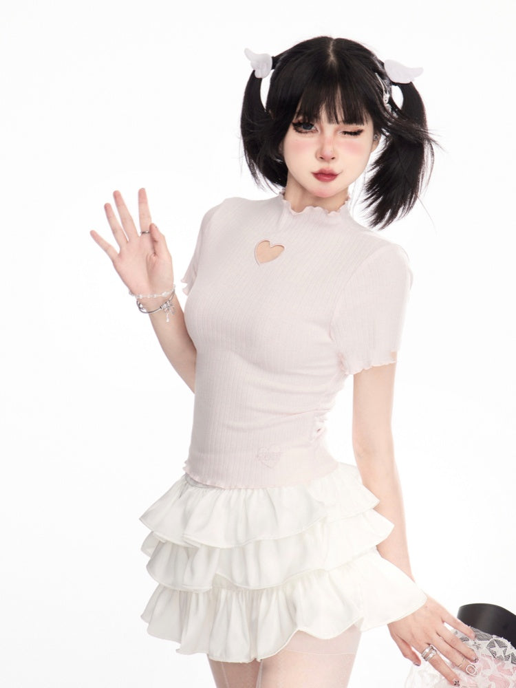 Heart-shaped Cutout Lettuce Hem T-Shirt Neck Pink Mock