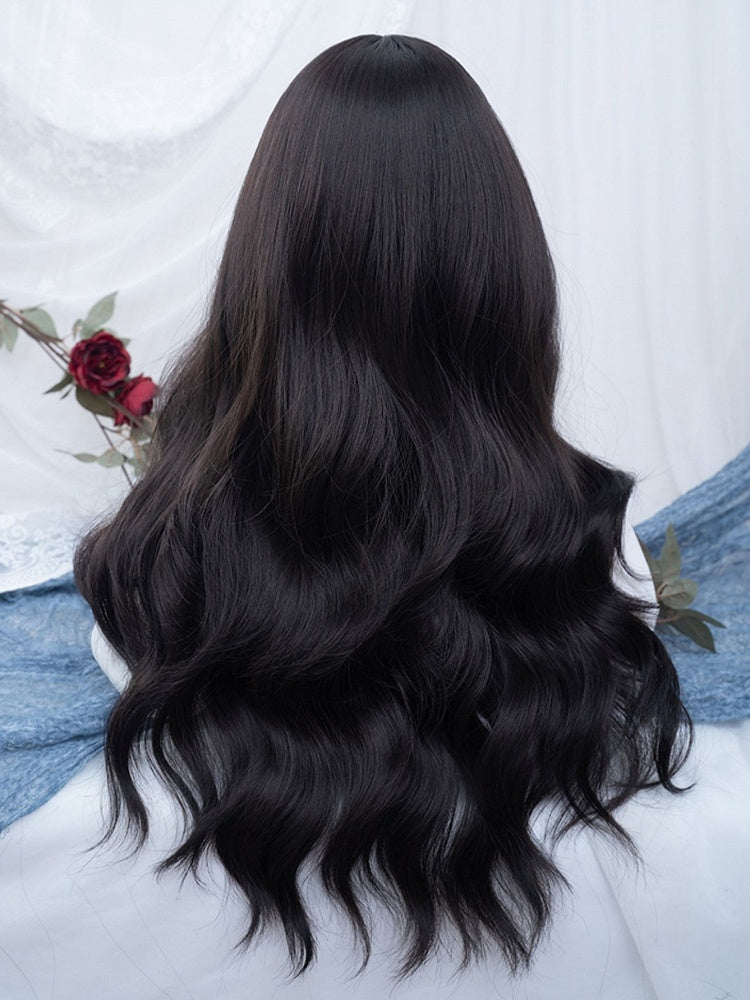 Black Air Length Bangs Wig 75CM Tea Wavy With