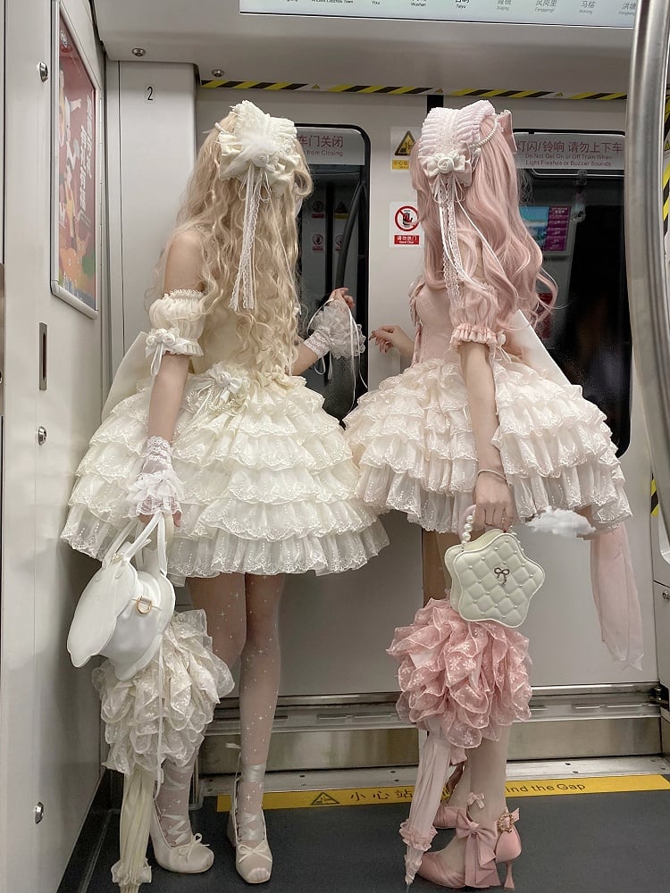 Mehrlagiges Lolita-Ballettkleid mit herzförmigem Prinzessinnen-Saum und rosa Ausschnitt und Rüschen