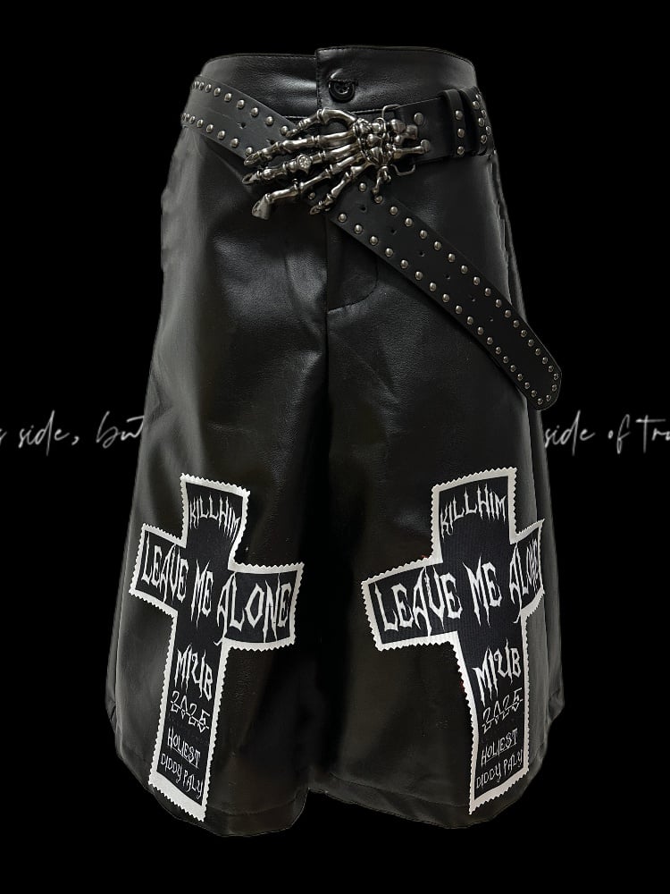 Rock Y2K Black Cross Applique Punk PU Wide-Leg Pants