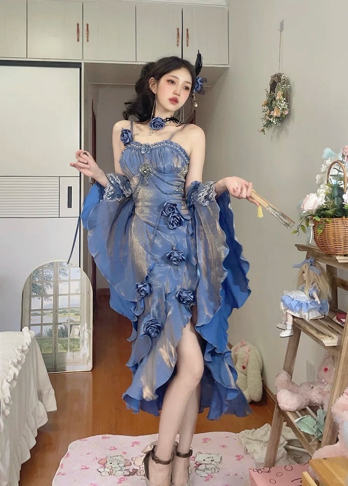 Blue Dress Rosette Evening Mermaid with Flounce Sleeves Detachable Gown
