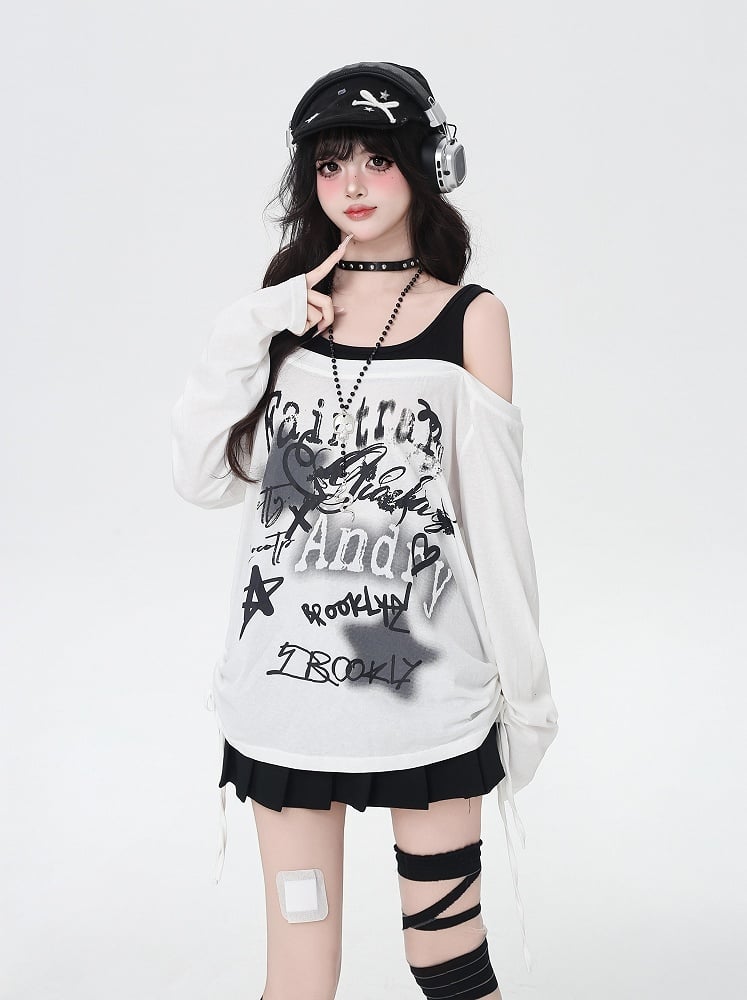Star Y2K Print Open Shoulder Black/White Top Faux Two-pieces