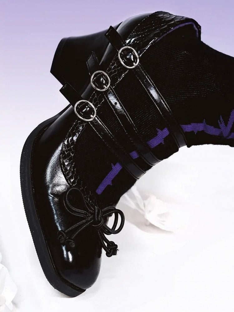 Square Accent Toe Gothic - 6.5cm Heels Bow PU Black Lolita Block Knotted