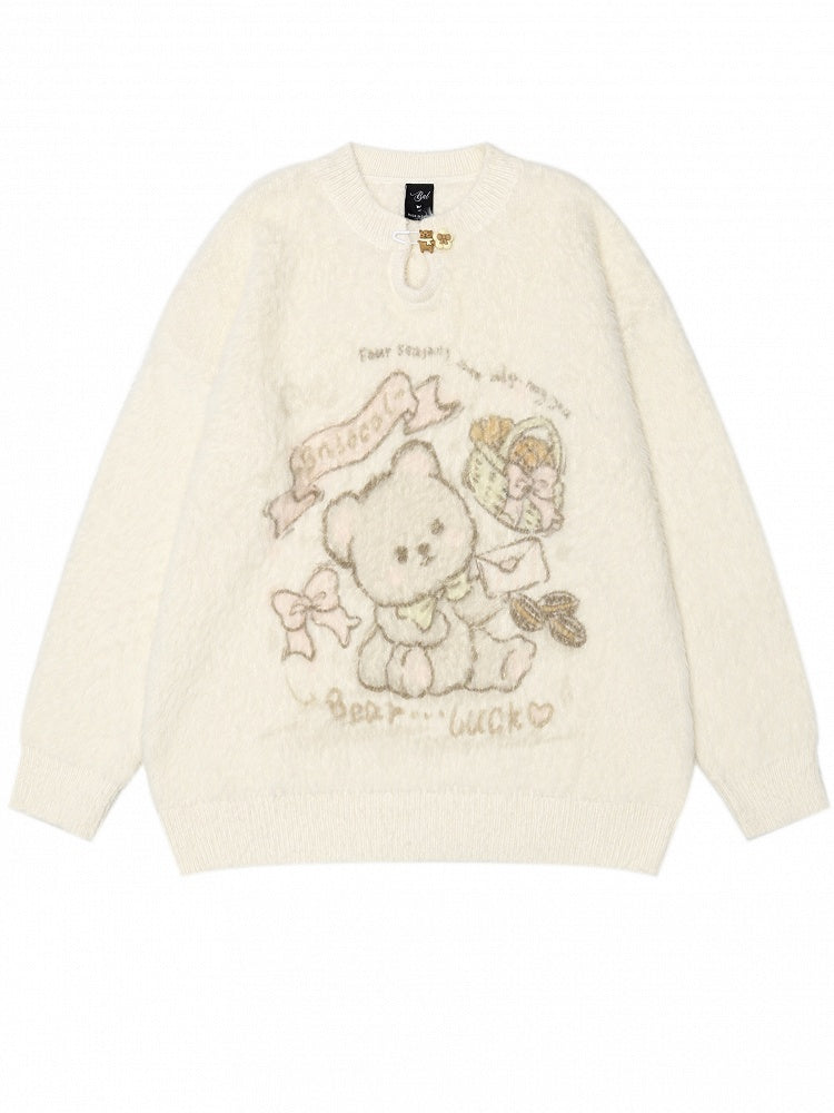 Aprikosenfarbener, süßer Mohair-Pullover mit Bärenmuster und Ausschnittdetails vorne