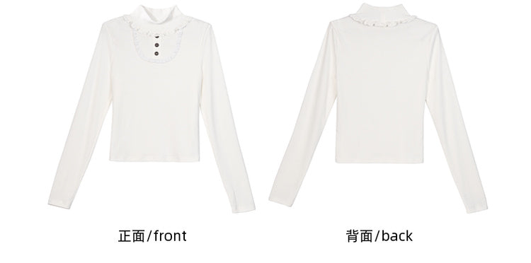 White High Neck Lace Trim Long Sleeves Top