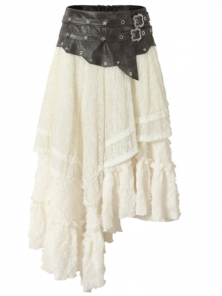 Star Wasteland White Punk Waistline Skirt Flounce PU Asymmetrical Studs Hem