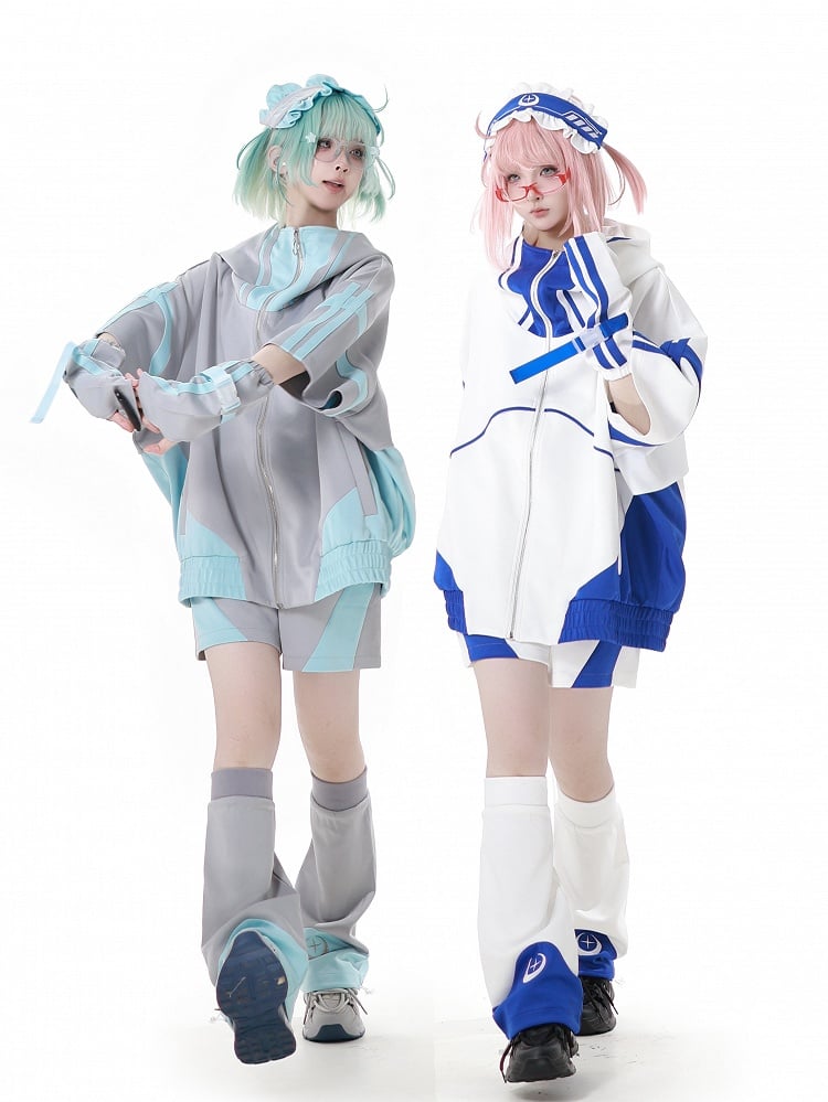 Blue and White Colorblock Design Jirai Kei Sports Shorts