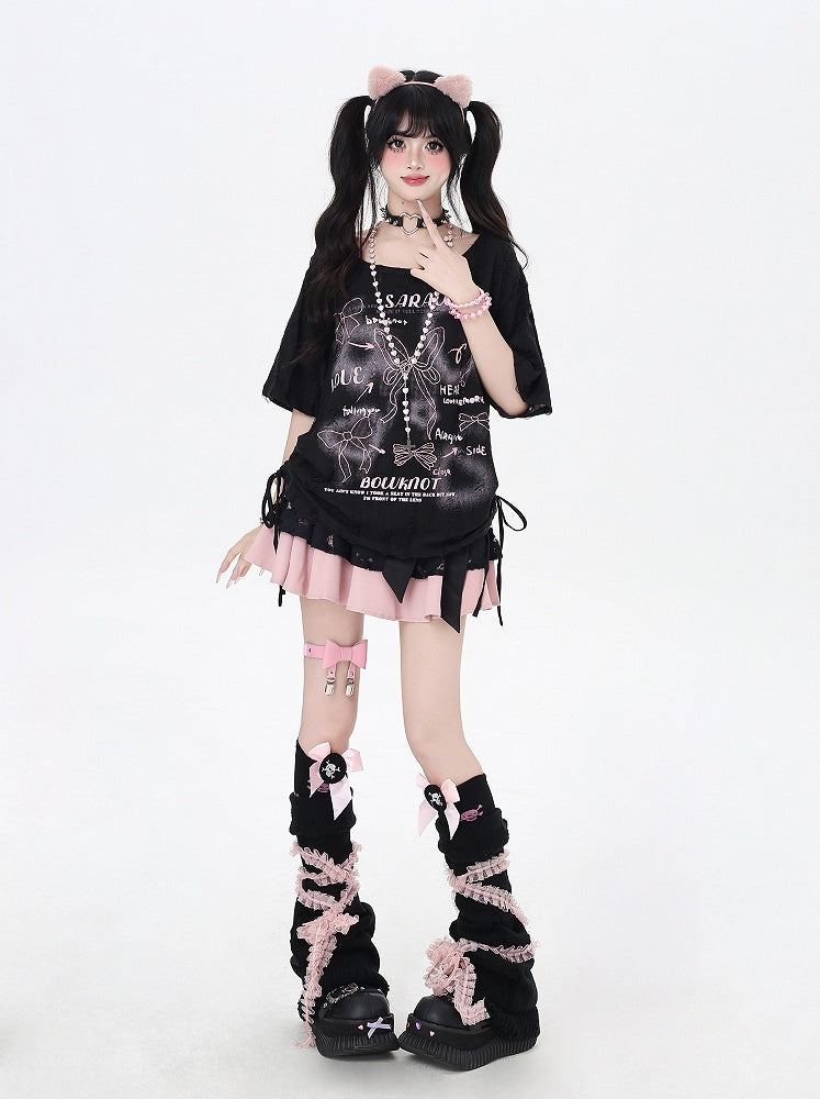 Black/White Drawstring Side Bowknots Print T-Shirt with Free Scarf